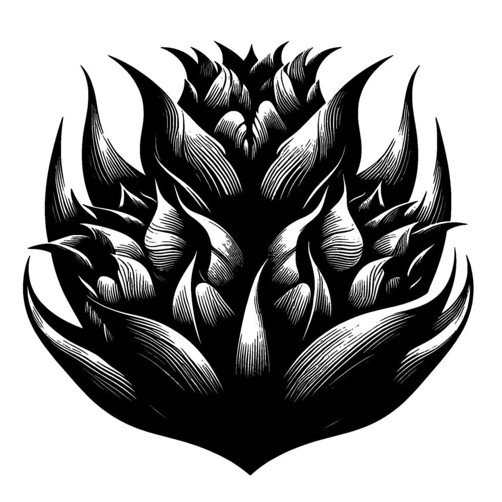 A stark, symmetrical of a stylized, multilayered floral form rendered in monochrome with sharp, spiky edges. vector