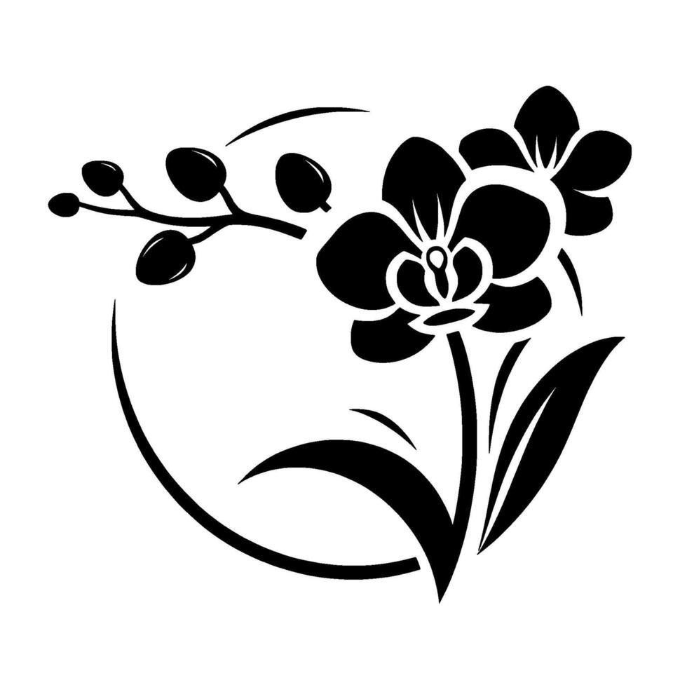 Elegant Black and White Orchid A Stylized Depiction of Blossoms, Buds, and Leaves in Circular Arrangement. vector