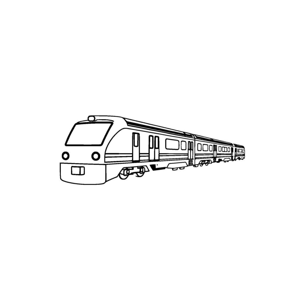 Black and white line art illustration of a modern passenger train, featuring detailed front view, multiple carriages, and minimalist on a white background. vector