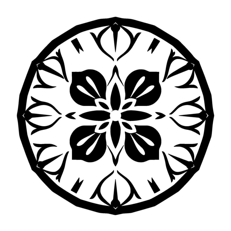 Intricate Black and White Floral Mandala with Symmetrical, Circular Arrangement and Detailed Geometric Patterns, on a White Background. vector