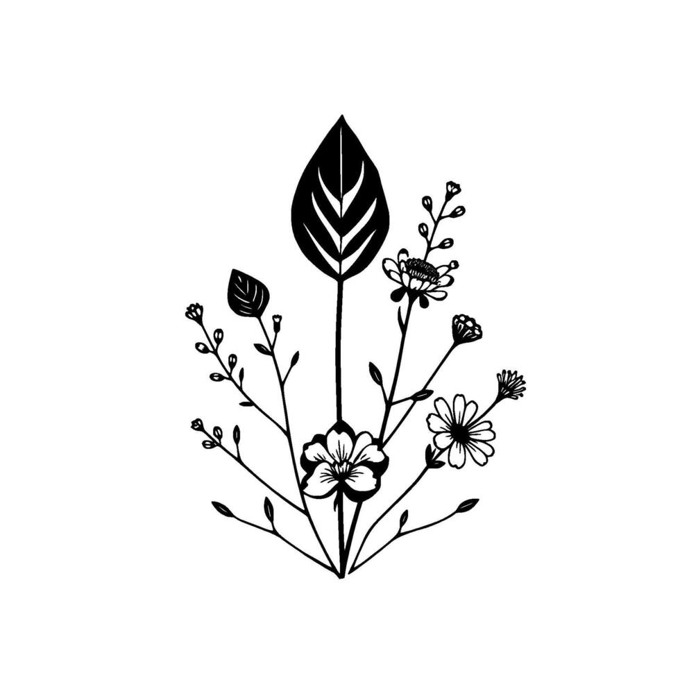 Elegant black and white illustration featuring botanical elements leaves, flowers, and delicate sprigs, composed with a balanced, stylized aesthetic. vector