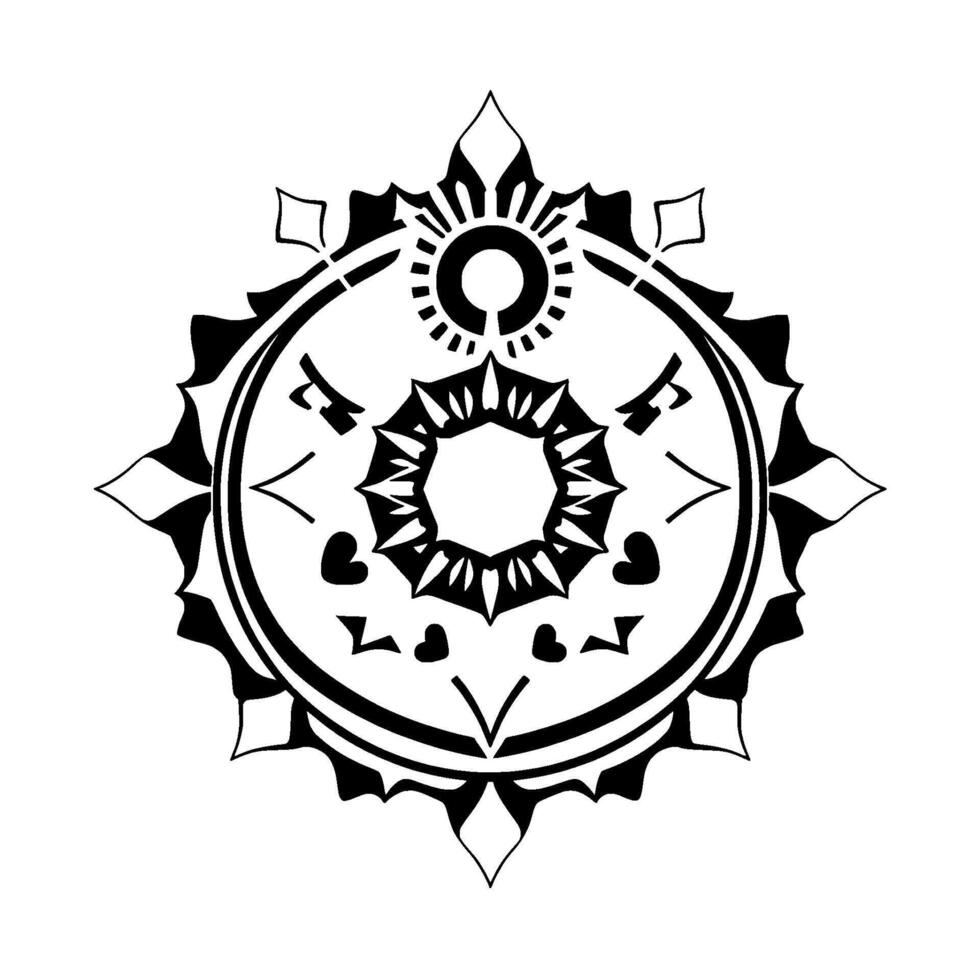 Intricate monochrome mandala with symmetrical patterns including a sunlike element, hearts, and stylized geometric shapes on a white background. vector