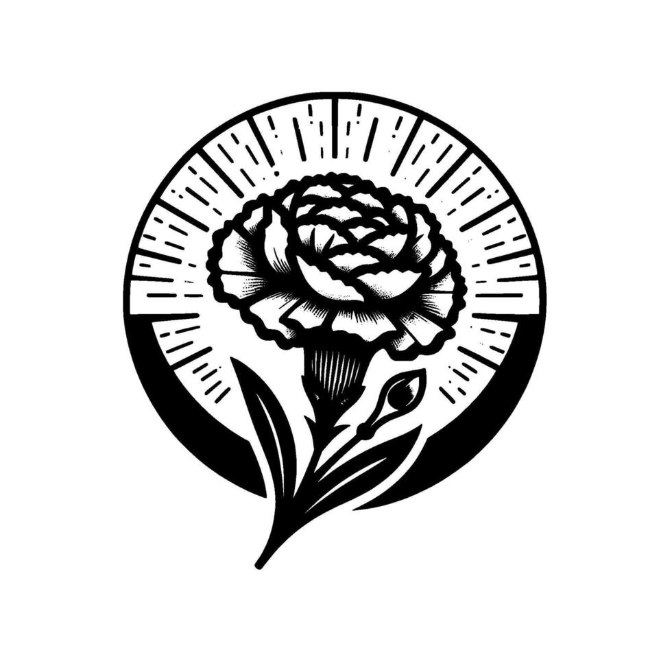 Intricate Black and White Floral Illustration within a Circular Frame with Radial Burst and Minimalist Aesthetic. vector