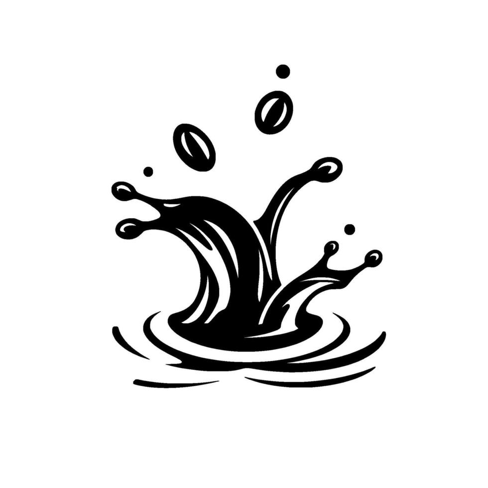 A stylized black and white illustration captures a coffee splash with beans, evoking energy and freshness. vector