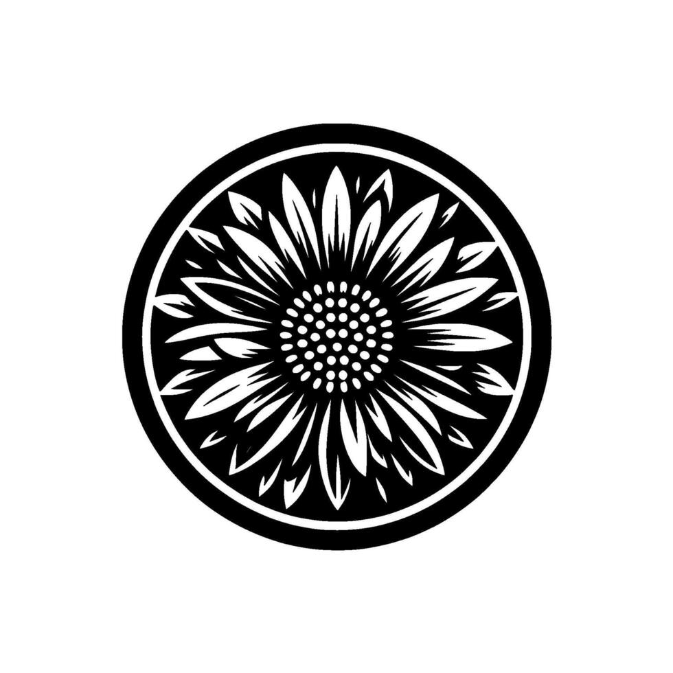 Stylized Black and White Sunflower , a Circular Emblem Depicting Floral Radiance Geometric Petal Arrangement Against White vector