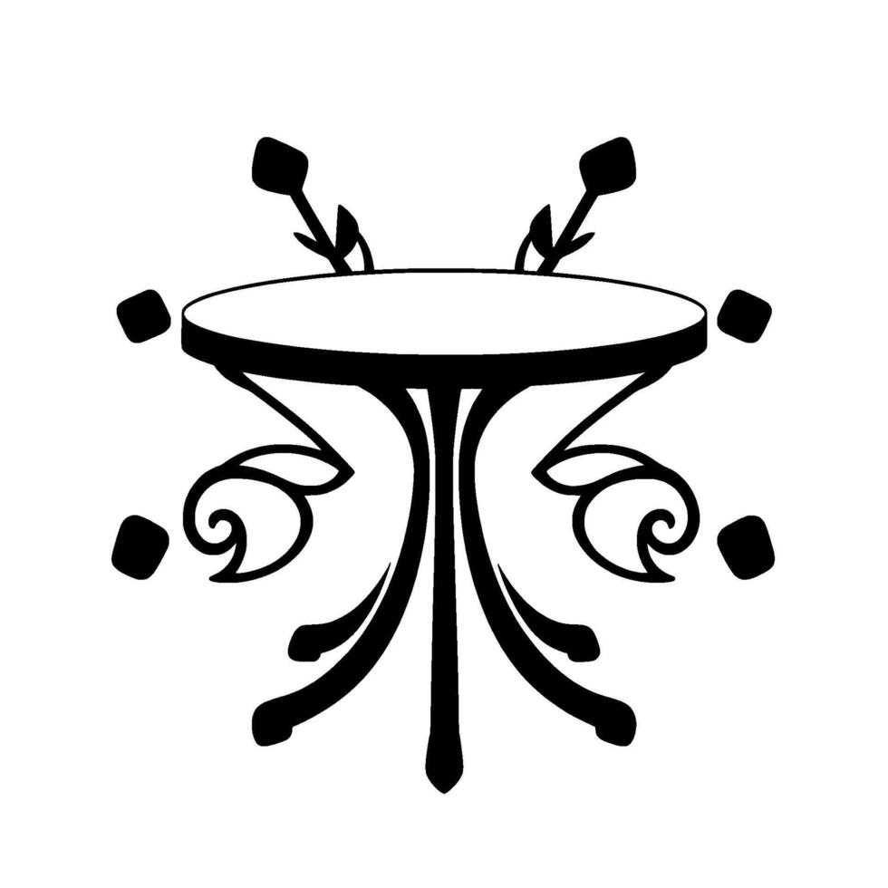 Decorative Black and White Illustration of an Ornate Round Table with Floral Accents and Square Embellishments. vector