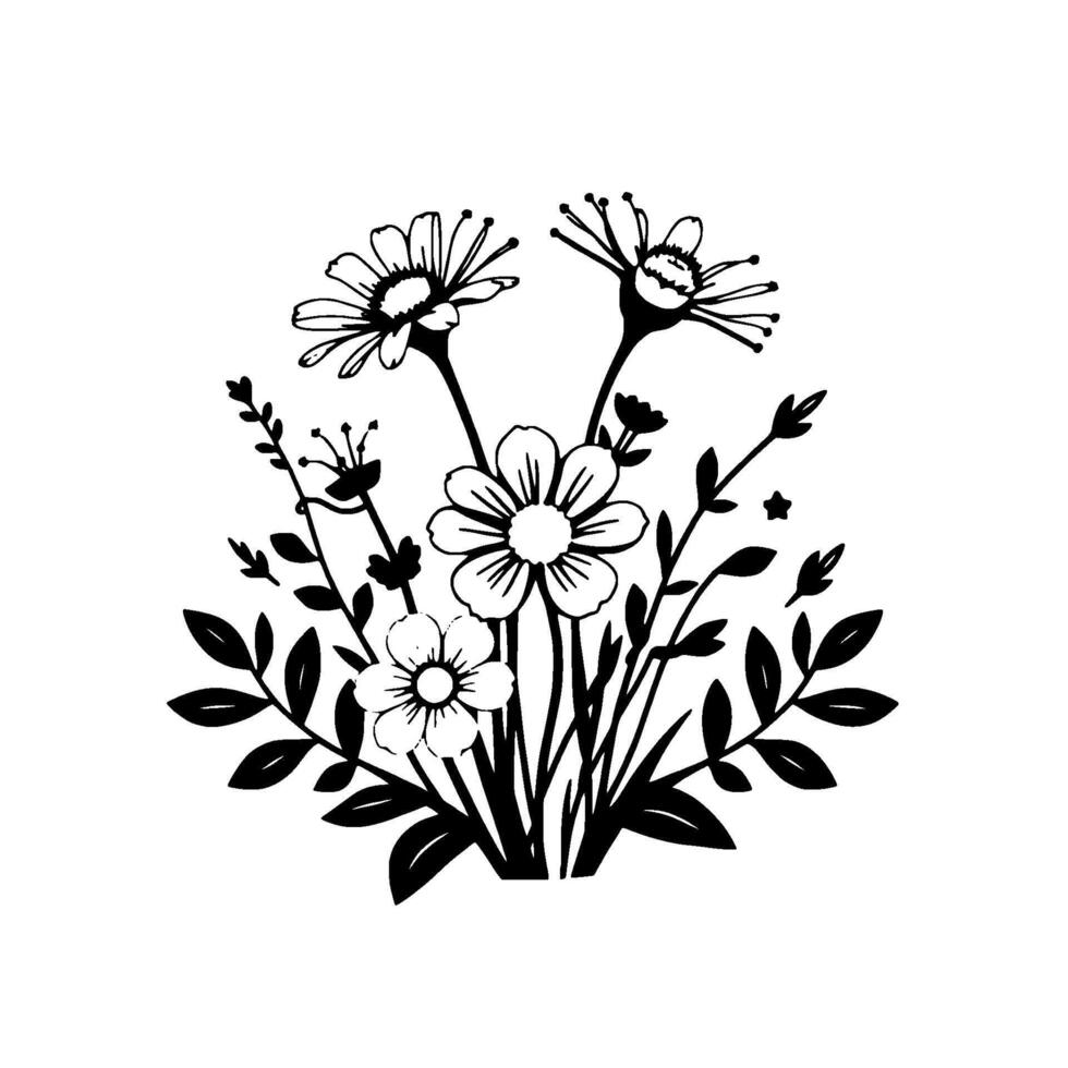 An elegant monochrome illustration of a delicate floral bouquet, featuring daisies, leaves, and ornamental stems. vector