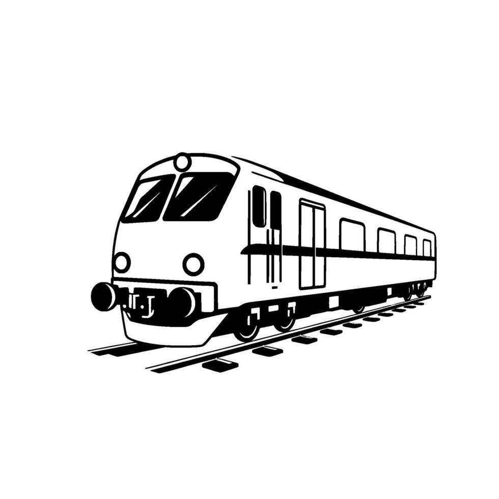 Sleek Black and White Train Silhouette on Tracks, Perspective View, Transportation Concept, Minimalist vector