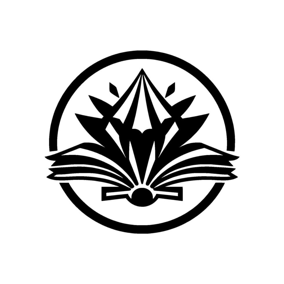 Elegant Black and White A stylized open book overlaid with a stylized gemlike shape within a circular frame, creating a symbolic emblem. vector