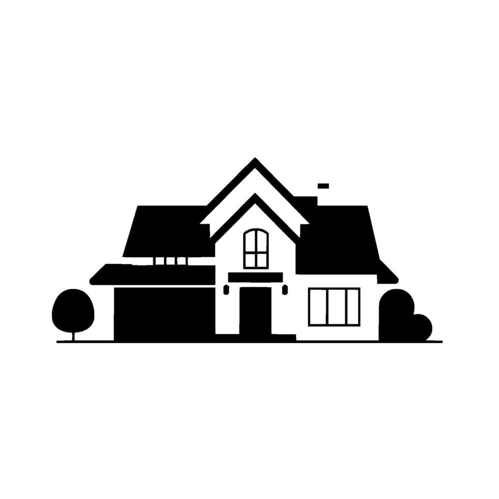 Minimalist Black and White Illustration of a Suburban House with a Garage, Landscaping, and Clean Lines on White Background. vector