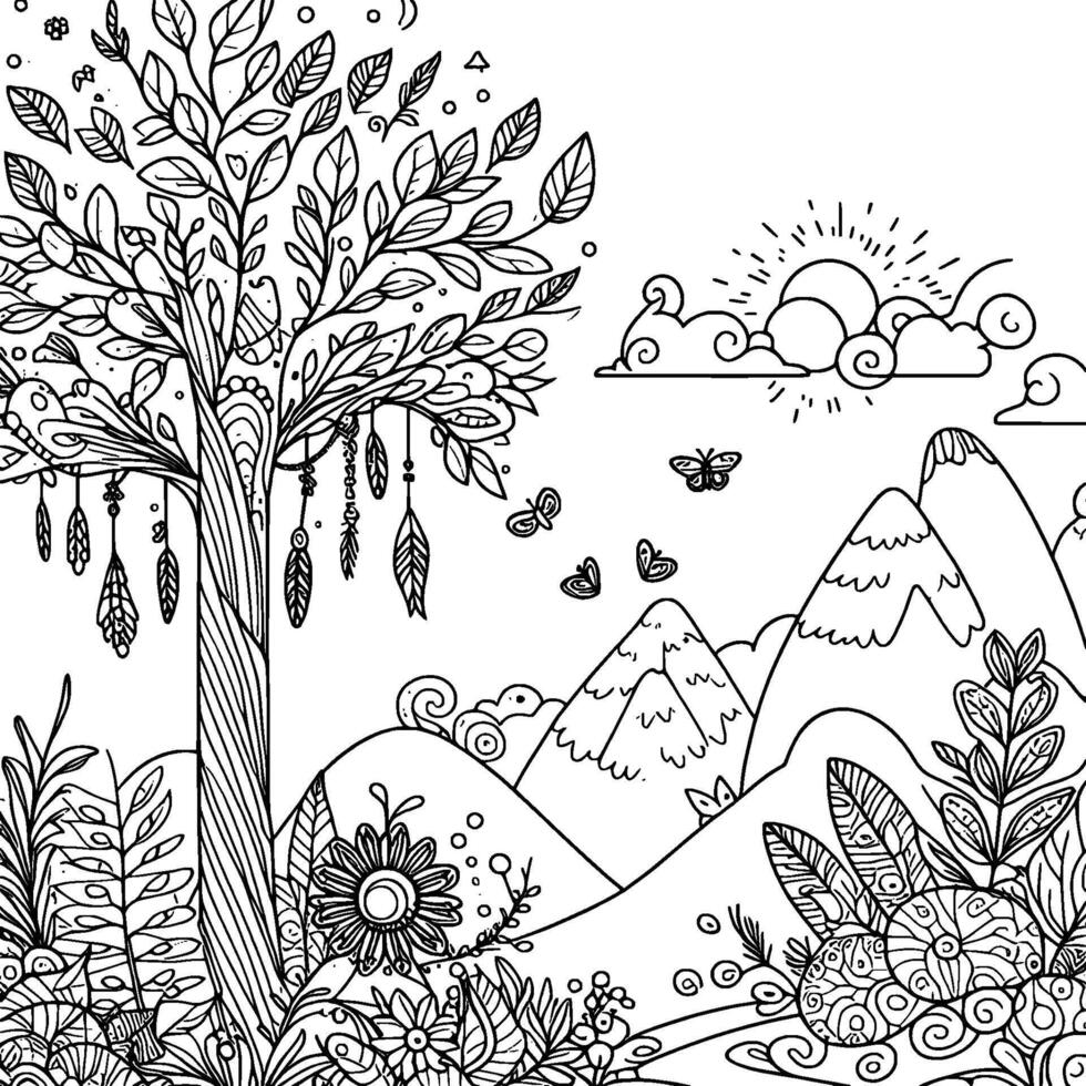Intricate black and white illustration of a serene landscape with a detailed tree, mountains, butterflies, sun, and flowers, perfect for coloring. vector