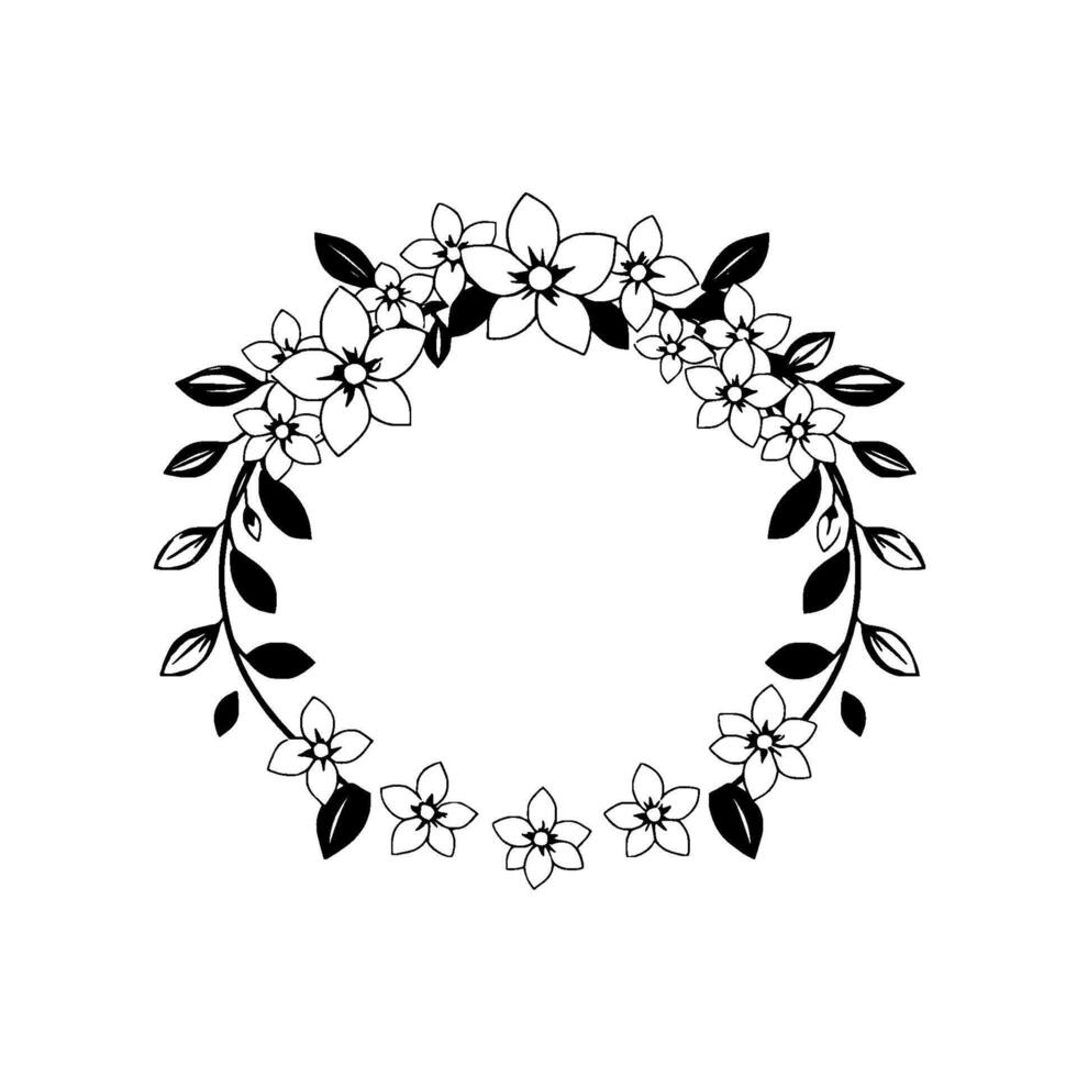 Elegant Black and White Floral Wreath Illustration Featuring Delicate Flowers and Leafy Vines in a Circular Arrangement, Perfect for Decorative Designs. vector
