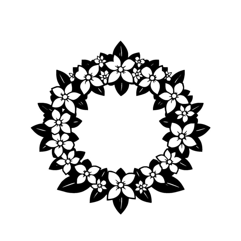 Black and white floral wreath illustration, minimalist , encircling empty center, perfect for borders, decoration, or invitations. vector