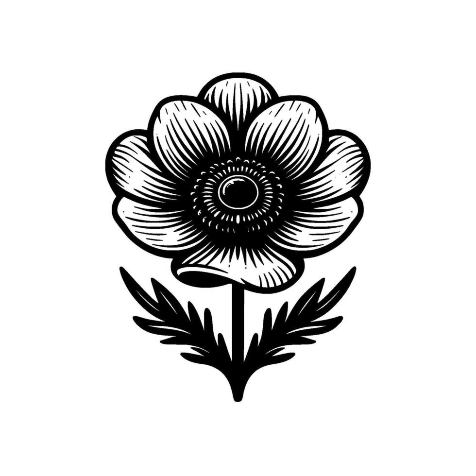 Elegant Black and White Anemone Flower Illustration with Detailed Linework and Botanical Symmetry, Isolated on White. vector