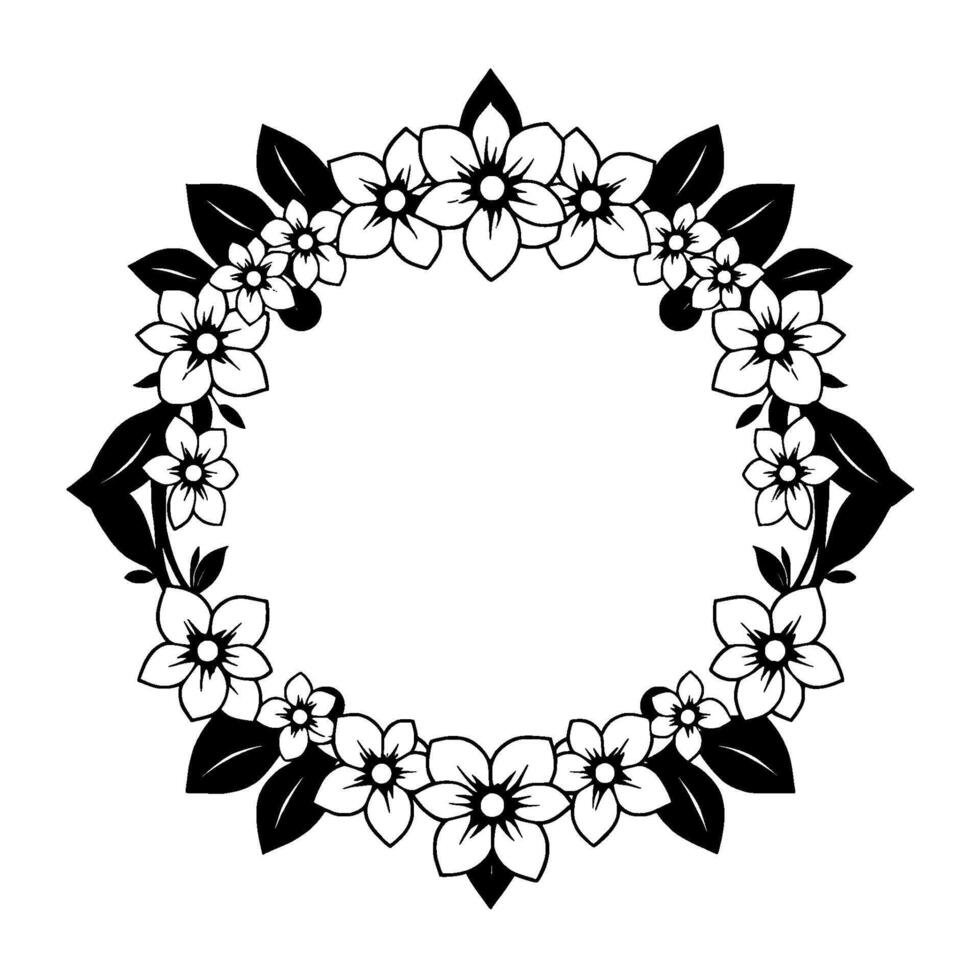 Intricate Black and White Floral Wreath Featuring Delicate Flowers and Bold Leaf Accents, Creating an Elegant Circular Frame with a White Center. vector
