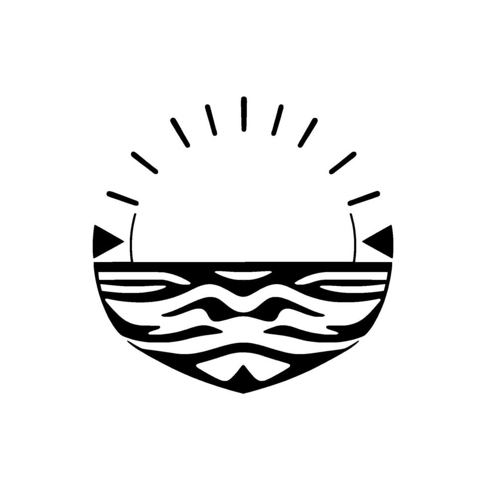 Geometric Black and White Minimalist Illustration of a stylized sunrise over wavy water, reminiscent of a tribal emblem or . vector