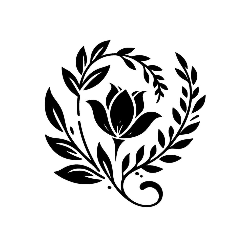Minimalist Black Floral Symmetrical Lotus Blossom Surrounded by Leafy Branches, set against a pure white background. vector