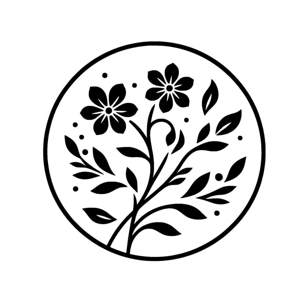 Elegant Black and White Floral Illustration A symmetrical circular featuring delicate flowers, leaves, and dots, evoking a sense of simplicity and natural beauty. vector