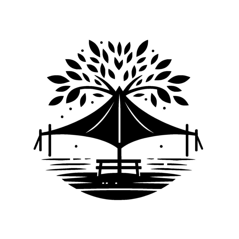 Stylized Black White Illustration TreeUmbrella over Picnic Table, Lakeside Circle with Leaf Crown Modern Silhouette vector