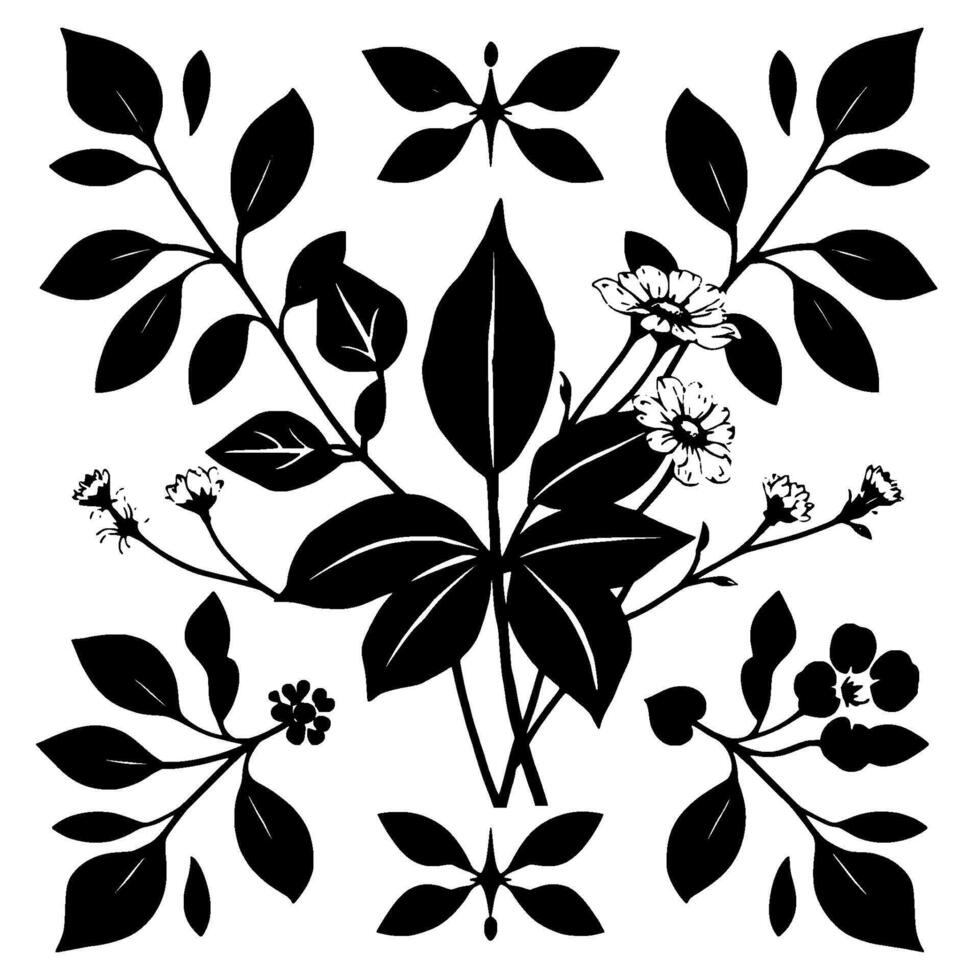 Symmetrical Monochrome Floral Detailed Ink Illustration Featuring Leafy Branches, Butterflies, and Diverse Blossoms. vector