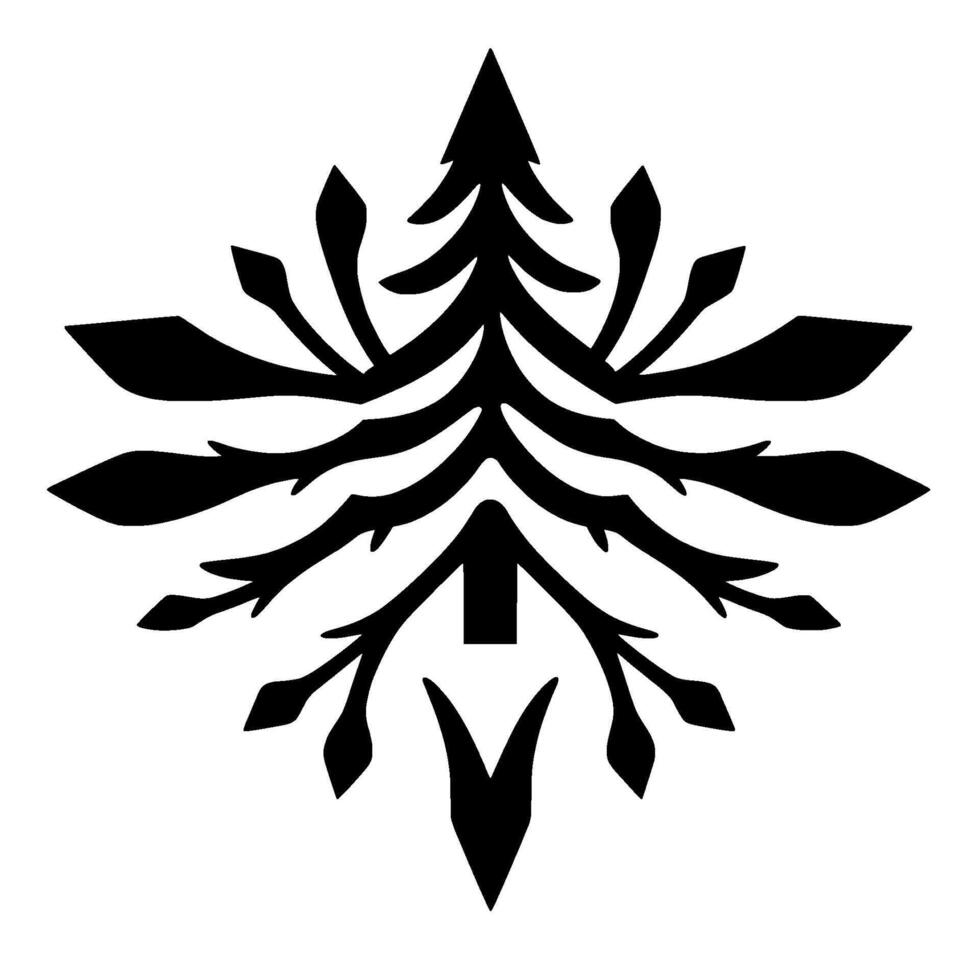 Symmetric Black Silhouette of a Conifer Tree Resembling a Snowflake on a White Background, Art. vector