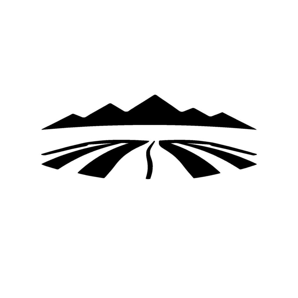 Minimalist black and white featuring stylized mountain range, cultivated fields, and a meandering path suggesting rural landscape and scenic route. vector
