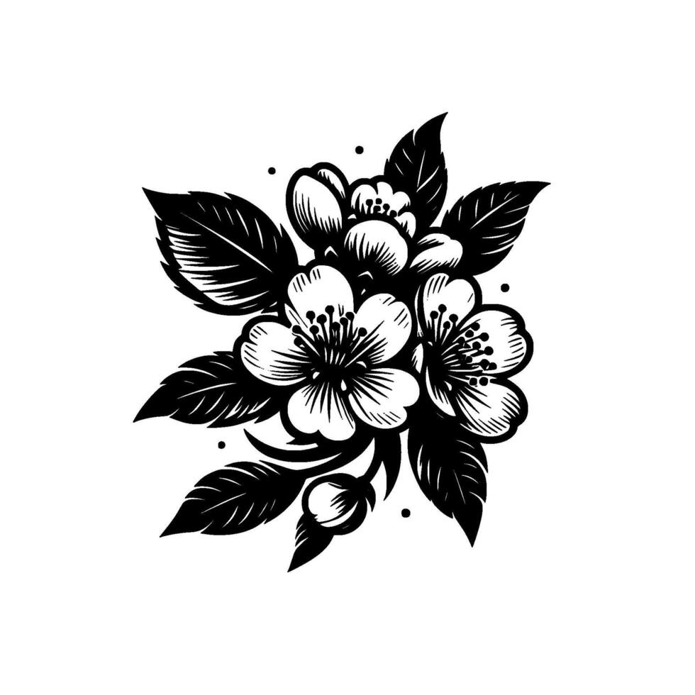 Black and white floral illustration featuring cherry blossoms and leaves in an elegant, minimalist style against a plain white background. vector