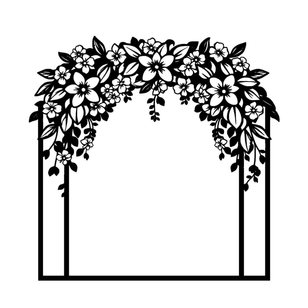 Elegant Black and White Floral Archway Frame with Blooming Flowers and Leafy Embellishments for Invitations, Wedding Graphics, and Decorative Purposes. vector