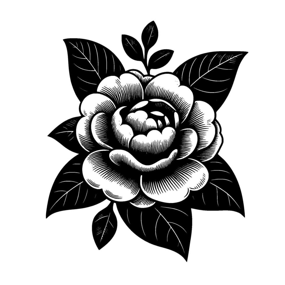 Intricate Black and White Botanical Illustration Detailed Engraving of a Lush Rose with Dark Foliage on a Pristine White Canvas. vector