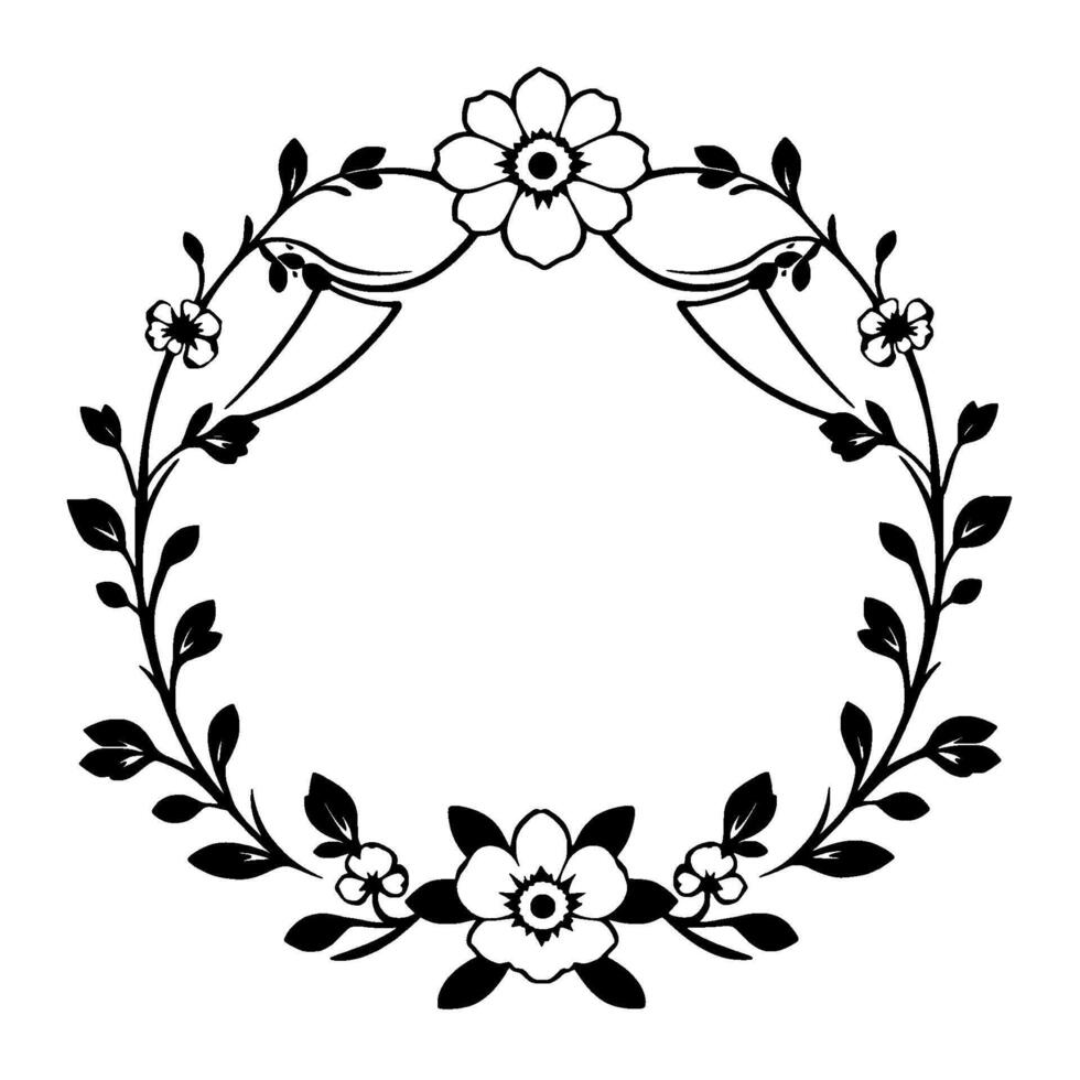 Elegant black and white floral wreath illustration featuring stylized blossoms, leaves, and delicate branches arranged in a circular composition for elements. vector