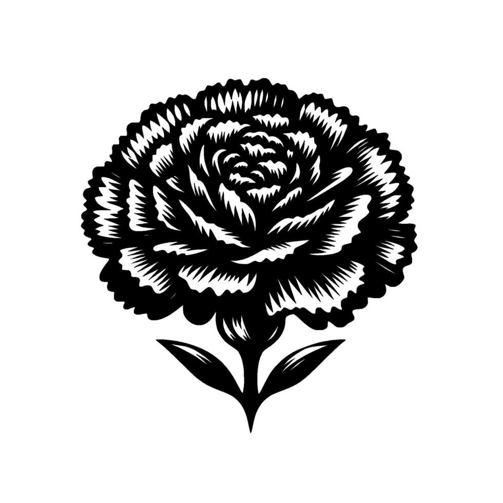 Bold Black White Carnation Illustration, Minimalist Floral with Intricate Petal Detailing on a Plain White Background, Modern Artistic Composition. vector