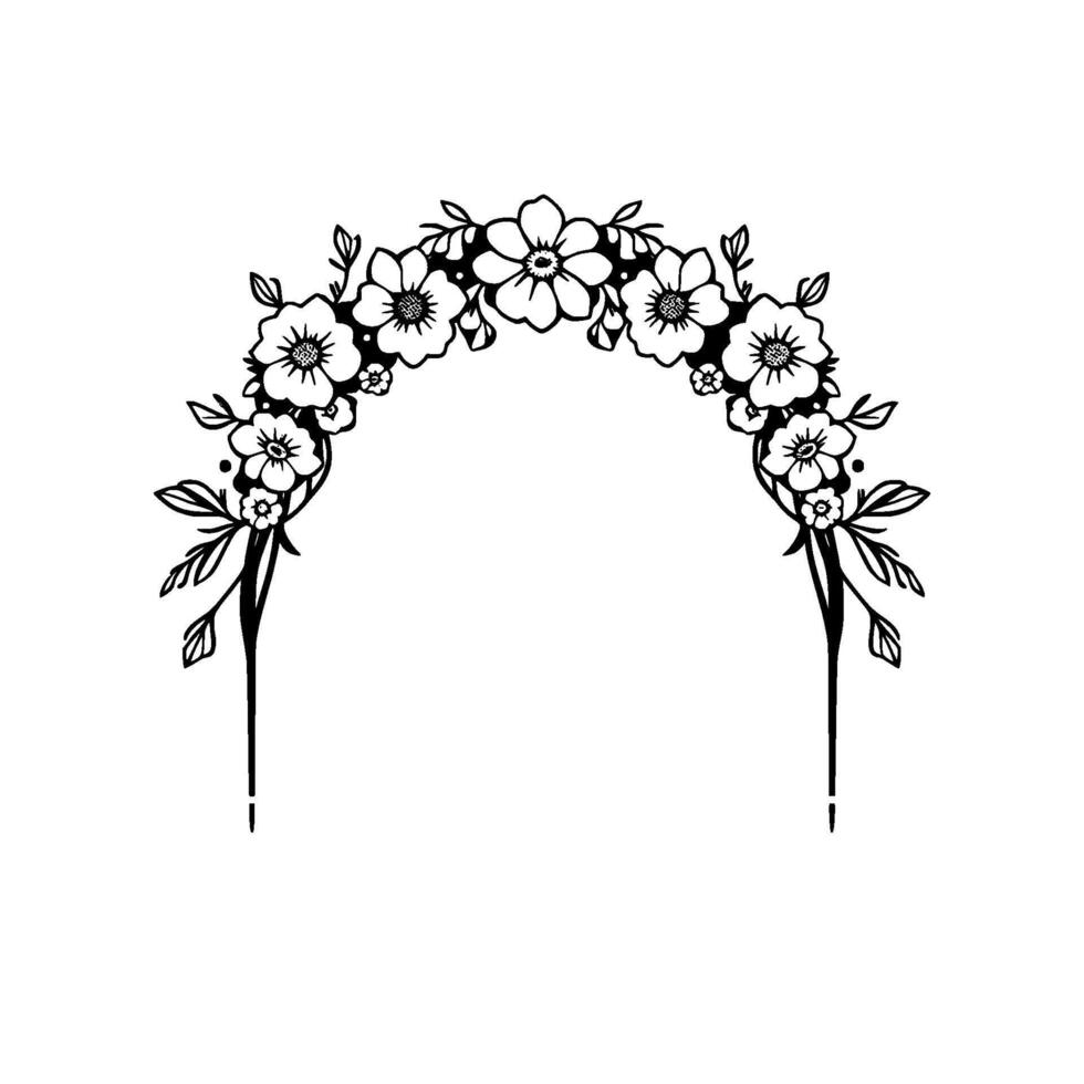 Elegant Black and White Floral Archway Illustration with Delicate Flowers, Leaves, and Stem Details on White Background, Ideal for Wedding Decor, Invitations, and . vector