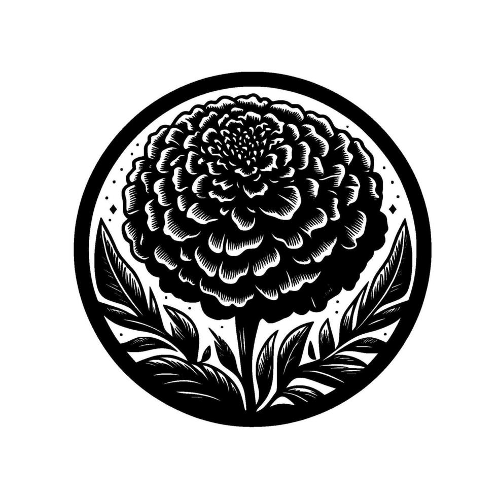 Intricate Black and White Floral Illustration of a Zinnia Bloom Within a Circular Frame, Showcasing Detailed Petal Textures and Leaf Elements. vector