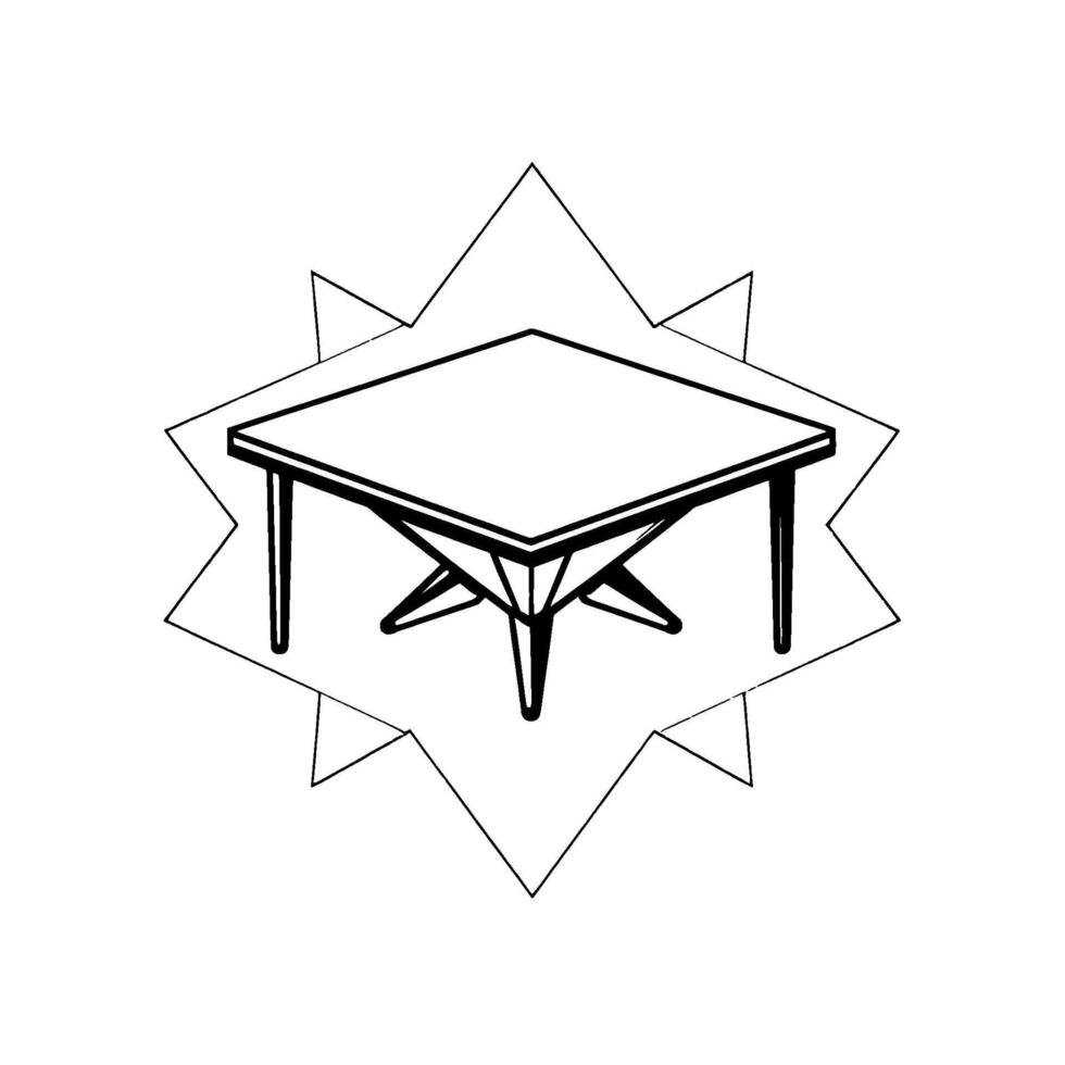 Isometric view of a modern square table with a starburstlike outline, a minimalist illustration in black and white. vector