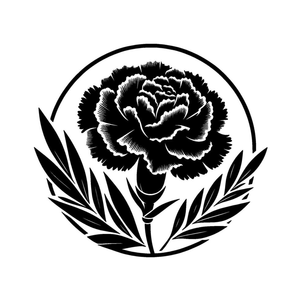 Elegant Black and White Carnation Flower in a Circle with Leafy Accents, A Minimalist Floral . vector