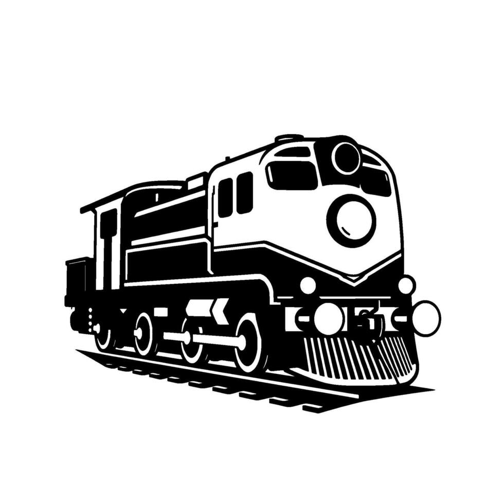 Sleek Black and White Diesel Locomotive on Tracks, Front View, Artistic Illustration, Transportation . vector