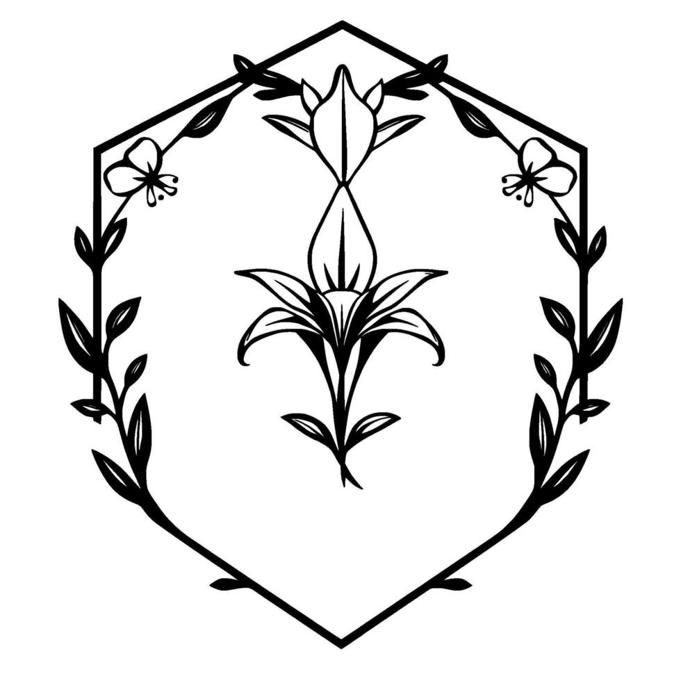 Intricate black and white botanical featuring a central lily, framed by a hexagon adorned with leaves and delicate butterfly accents. vector