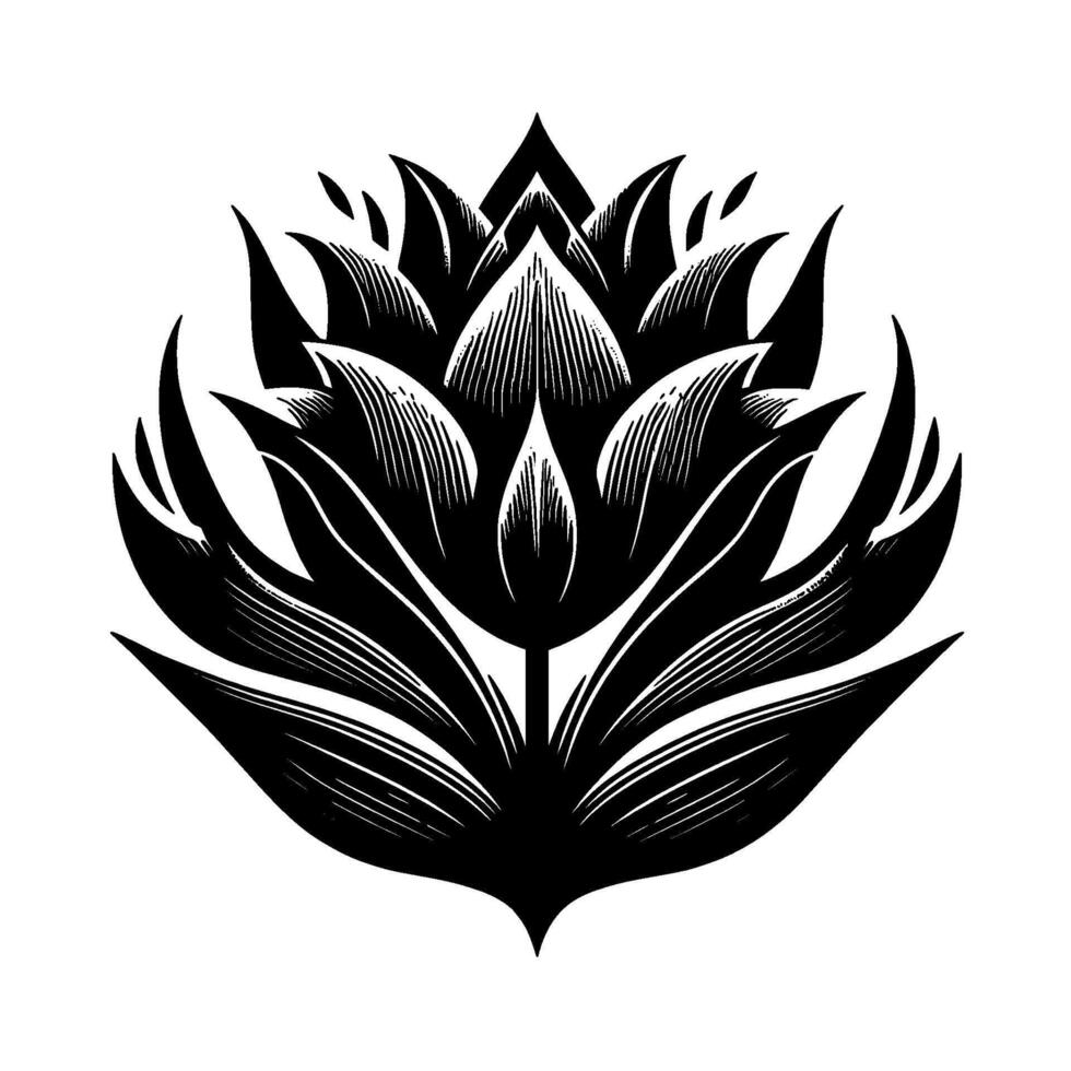 illustration of a stylized black and white lotus flower with intricate line art, radiating petals, and a minimalist, modern aesthetic on a white background. vector