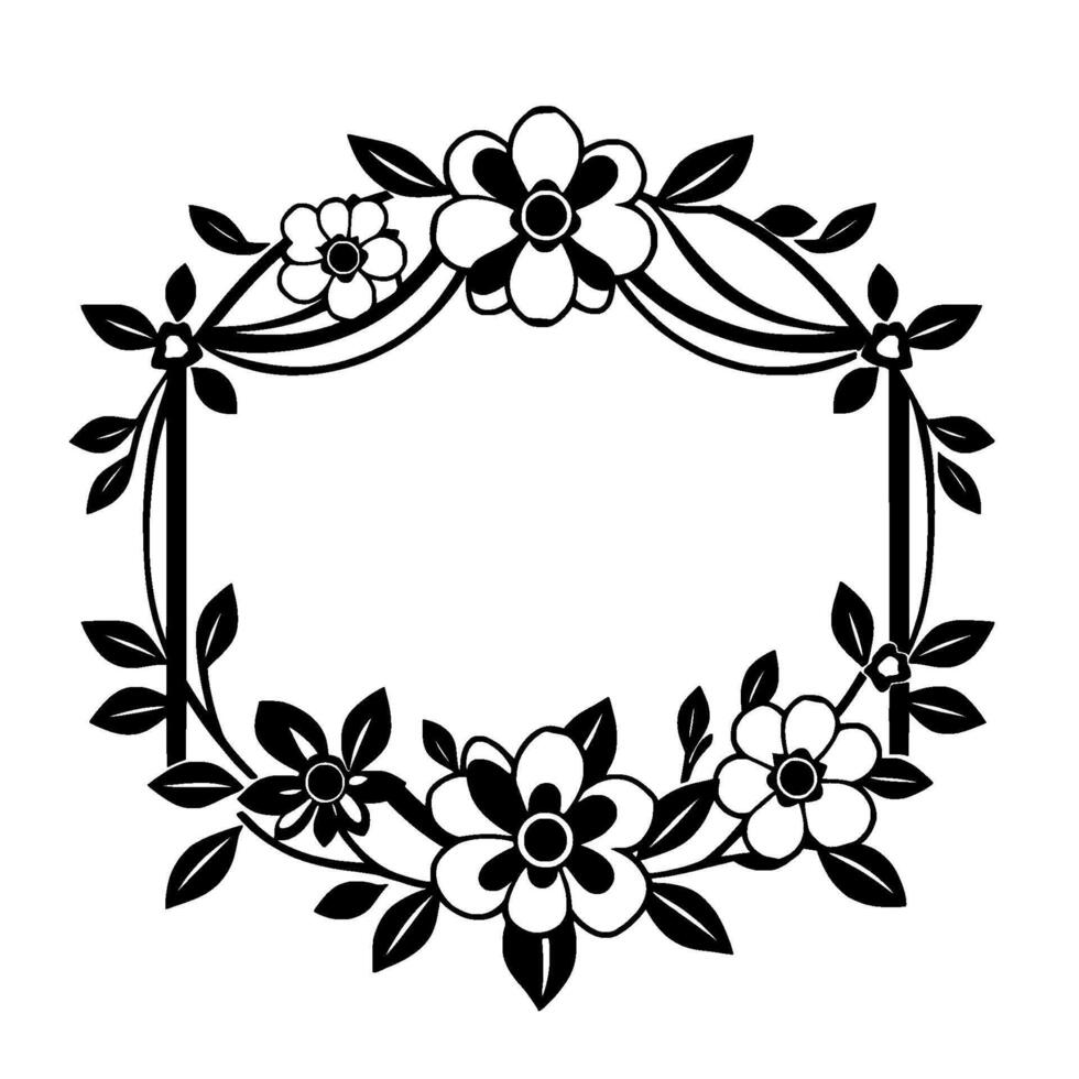 Elegant Black and White Floral Wreath with Rectangular Frame, Embellished with Flowers, Leaves, and Decorative Ribbons, Ideal for Invitations or Decorations. vector