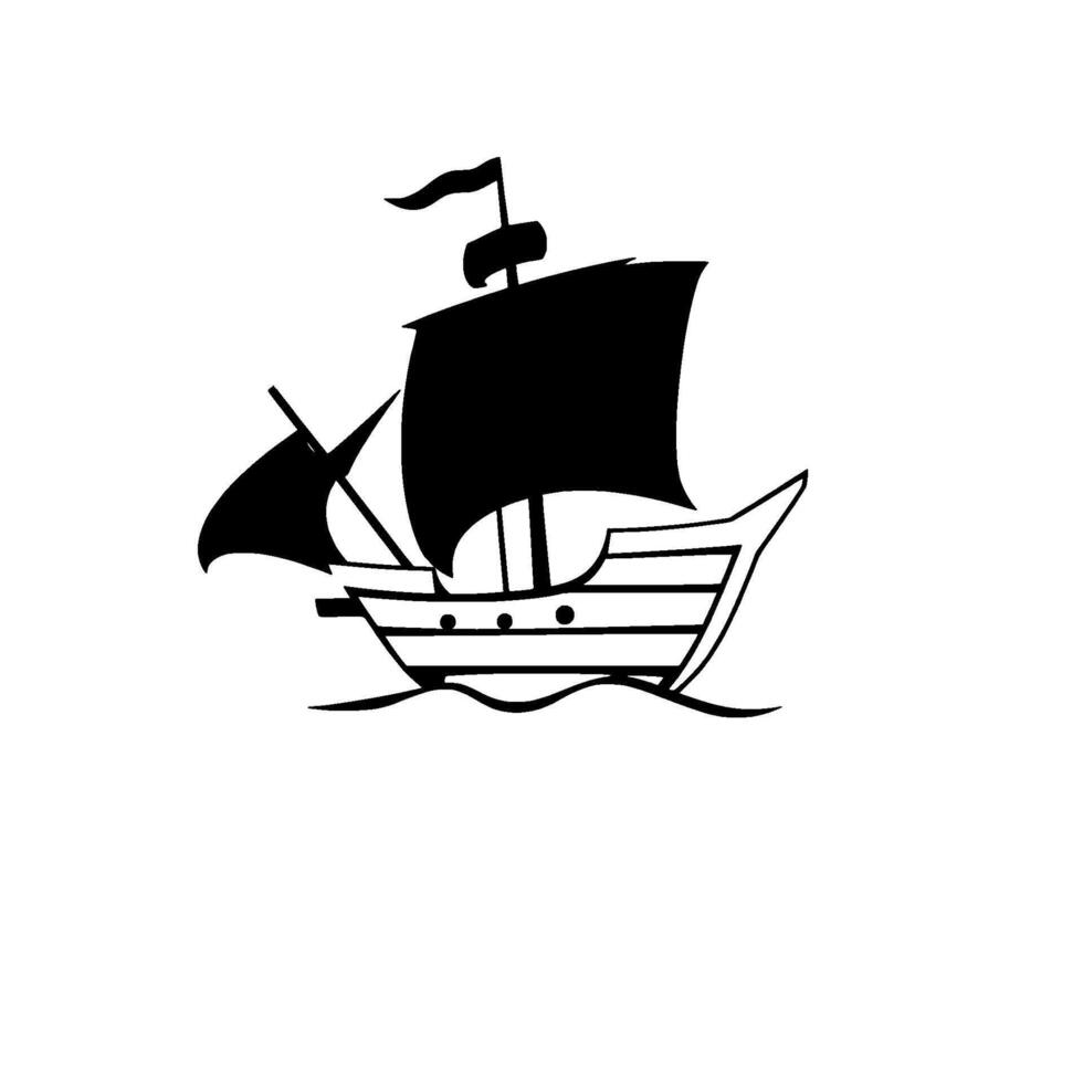 A minimalistic black and white illustration of a stylized sailboat with full sails navigating the sea, a clean and simple . vector