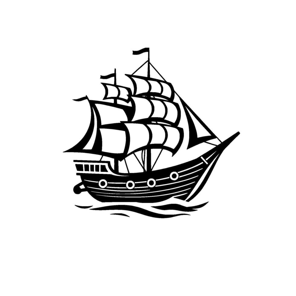 A stylized black and white illustration of a classic sailing ship navigating the stylized ocean waves, featuring billowing sails and nautical . vector