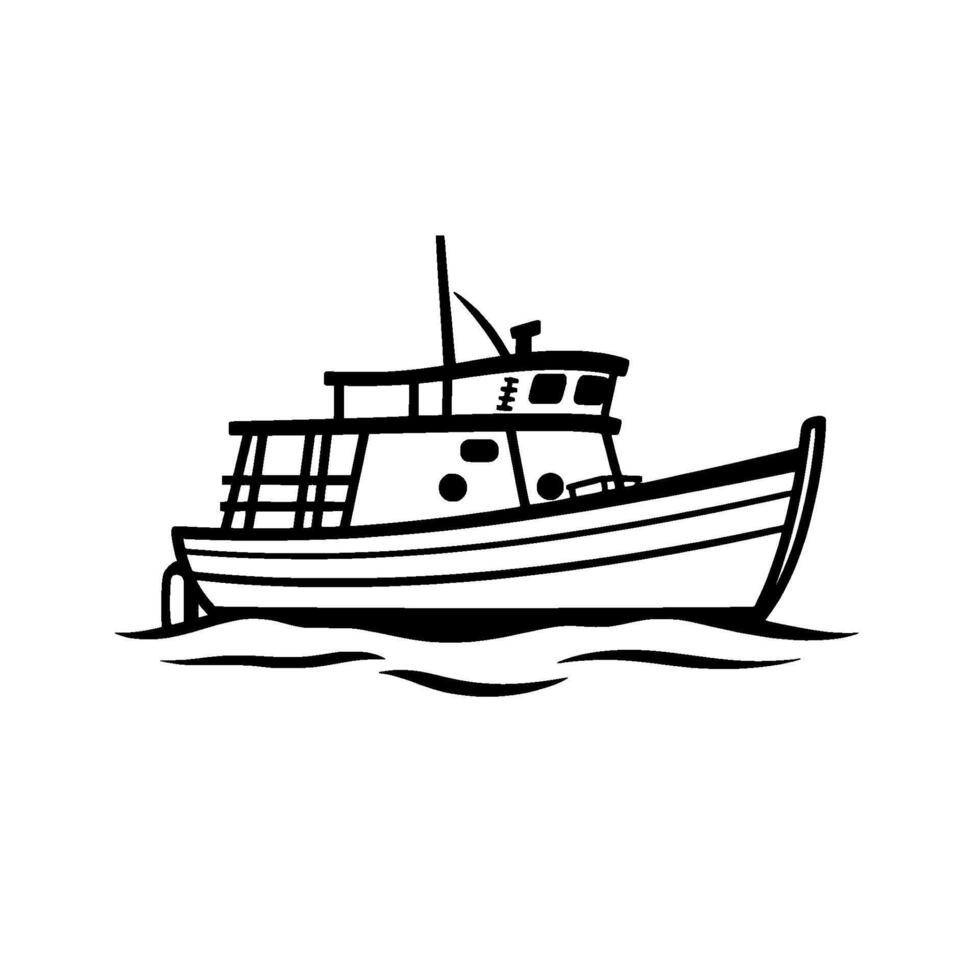 Minimalist Black and White Illustration of a Fishing Boat, Sailing on Water, Flat , with Cabin and Details. vector