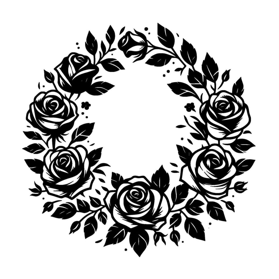 Elegant black and white floral wreath illustration featuring stylized roses and foliage, perfect for elements. vector