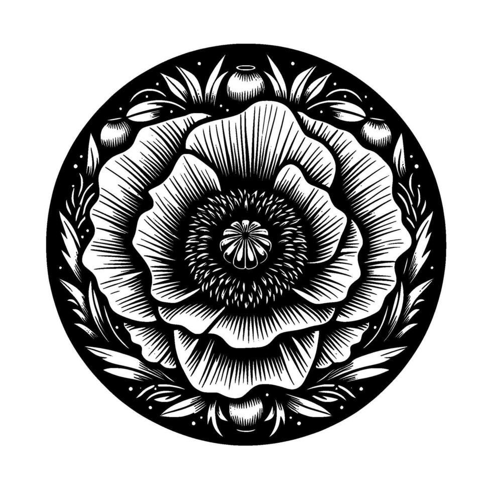 Bold Black and White Floral Mandala , Detailed Linework, Symmetrical Composition, Botanical Ornament, Artistic Representation, Circular Art vector
