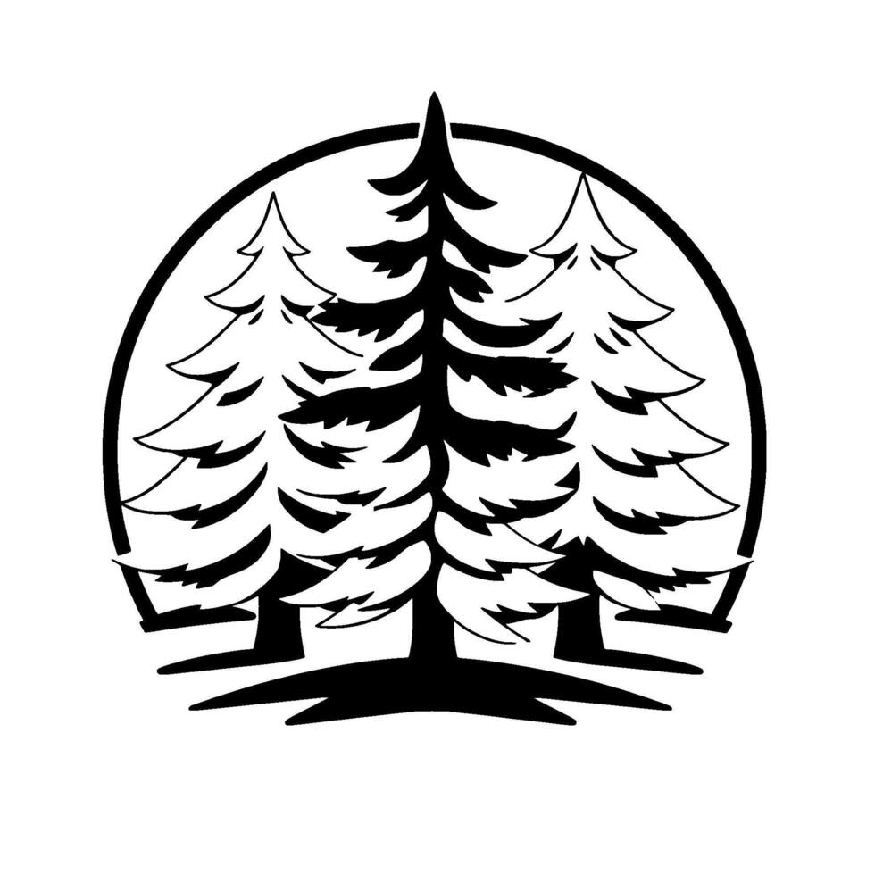 Bold Black and White Forest Illustration Pine Trees Inside Circular Frame, NatureThemed , Minimalist . vector