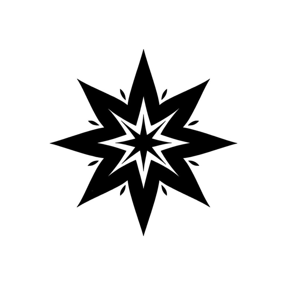 A symmetrically styled, stylized eightpointed star radiating outwards in deep black and white, showcasing a sharp, minimalist , perfect for logos and elements. vector