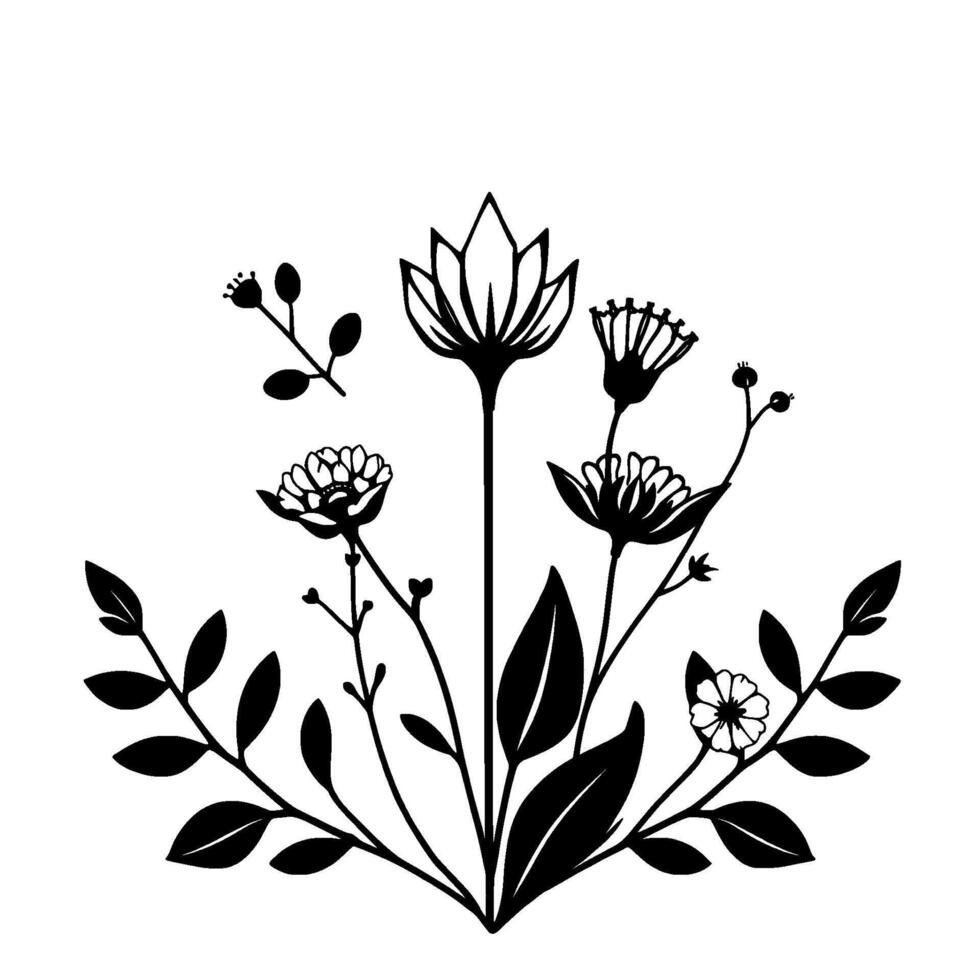 Black and white botanical illustration featuring an arrangement of stylized flowers, leaves, and berries, rendered in a minimalist, . vector