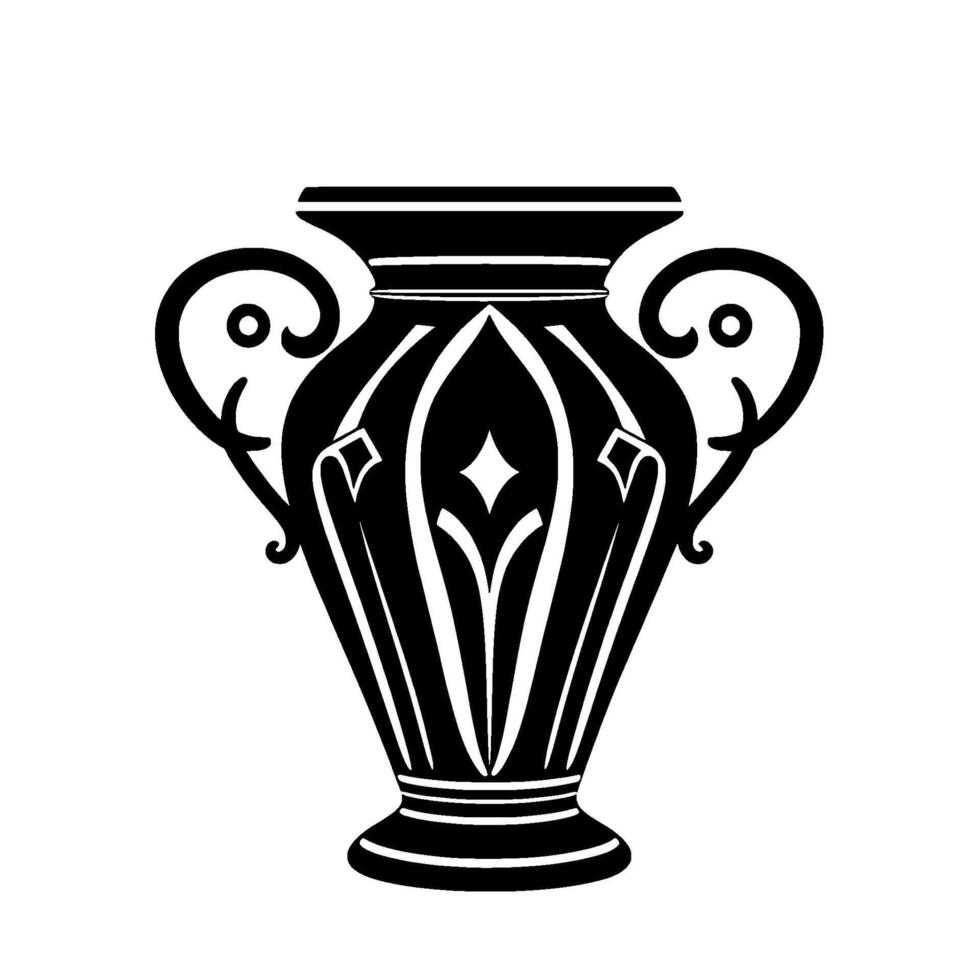 Black White Illustration of a Decorative Urn with Ornate Handles, Intricate GothicInspired Details, and Diamond Accent. vector