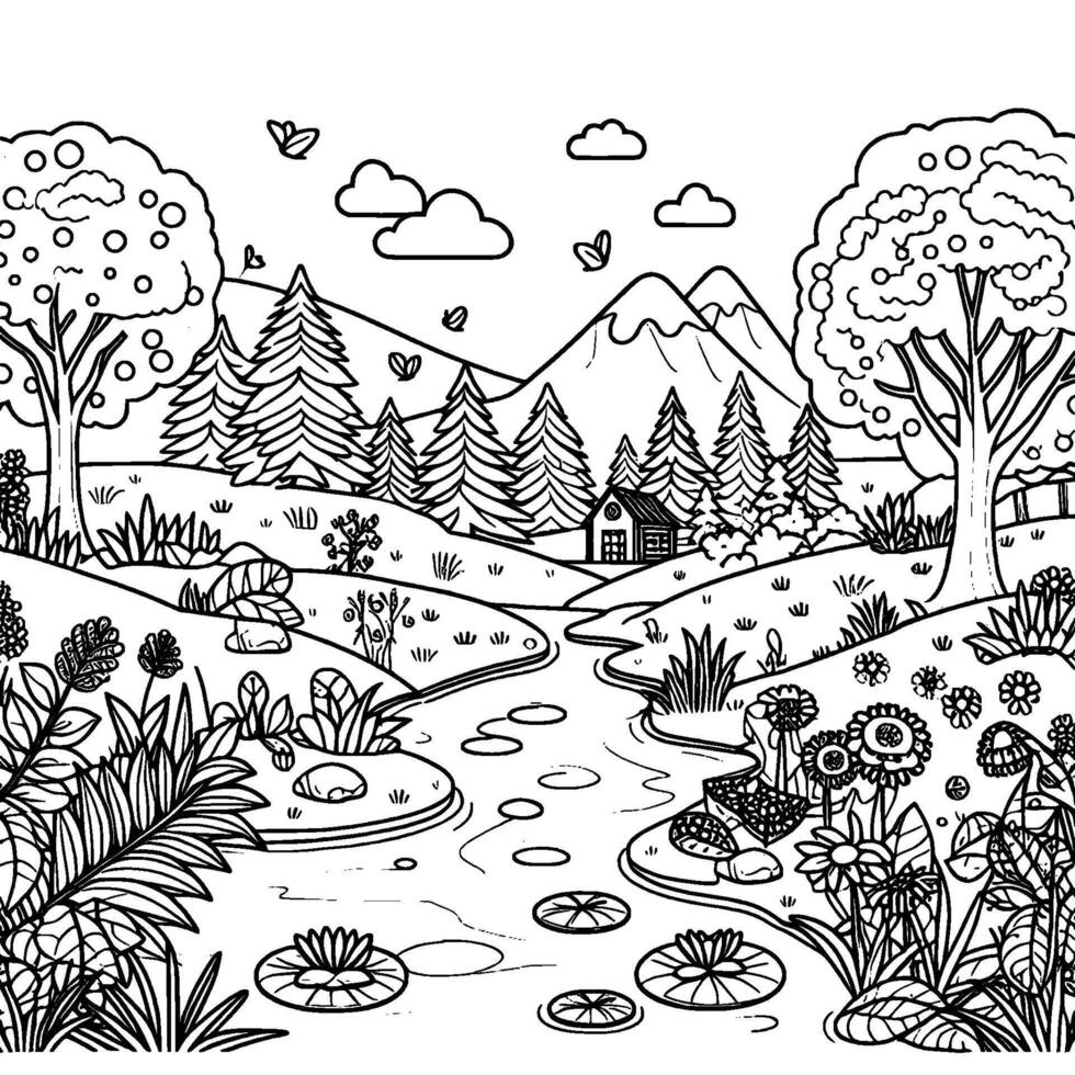 Tranquil black and white landscape illustration a meandering stream flows past a cozy cabin, surrounded by lush trees, wildflowers, lily pads, and distant mountains under a cloudy sky. vector