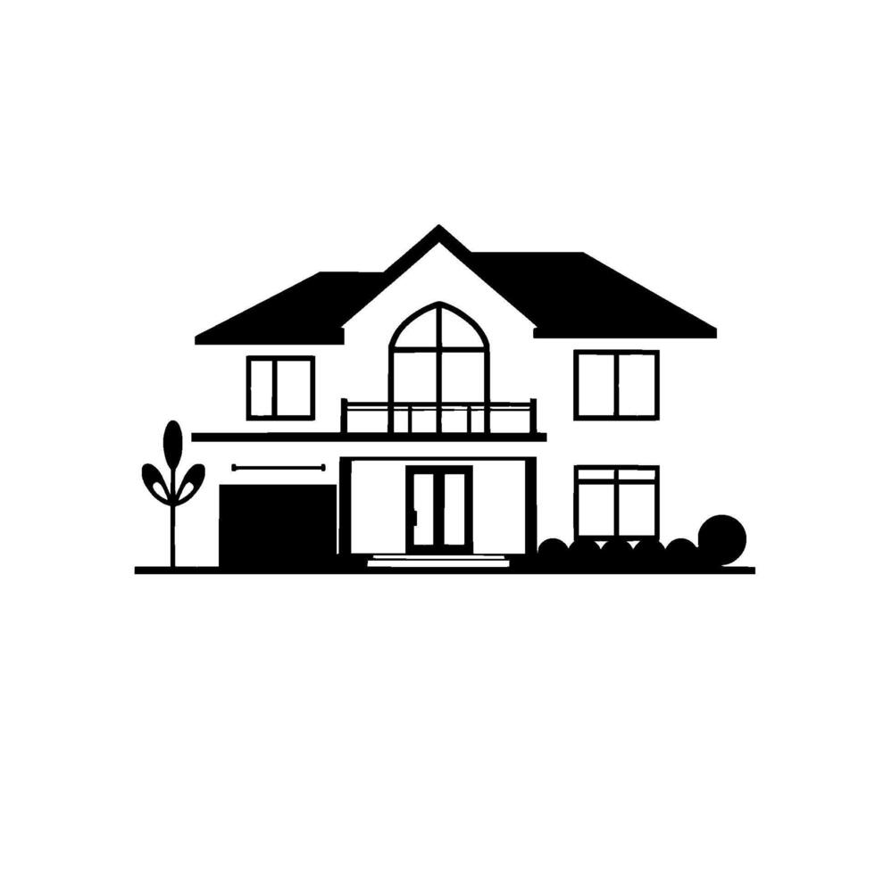 Monochrome Illustration of a Modern TwoStory House with Garage, Balcony, and Minimalistic Landscaping. vector